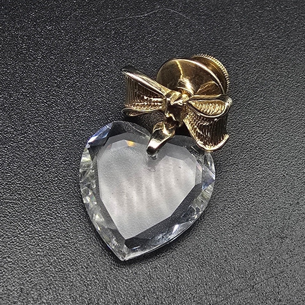 Avon Clear Faceted Heart Pin Gold Tone Bow Vintage Costume Jewelry